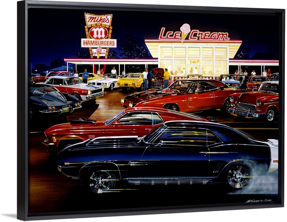 This decorative art is a painting of vintage muscle cars racing and parked outside a retro drive-in restaurant.