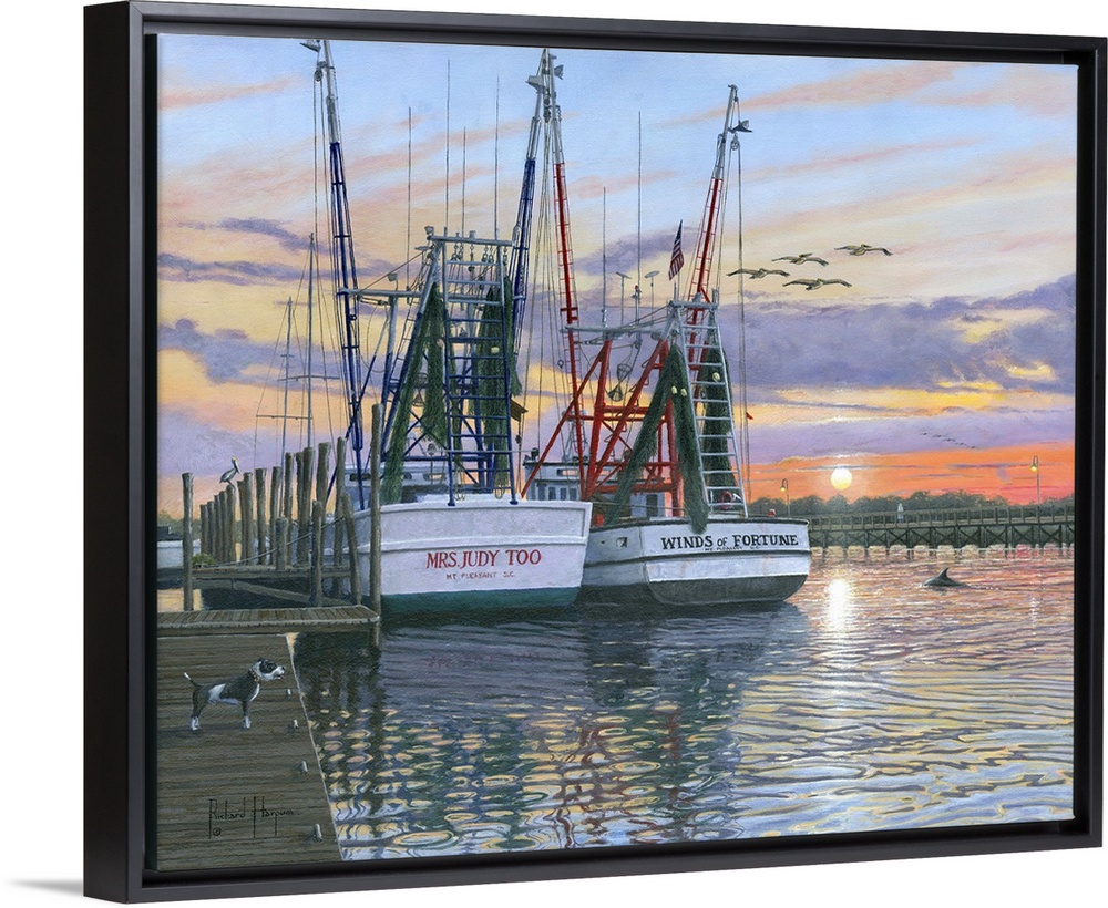 Contemporary artwork of two fishing oats sitting in a harbor at sunset.