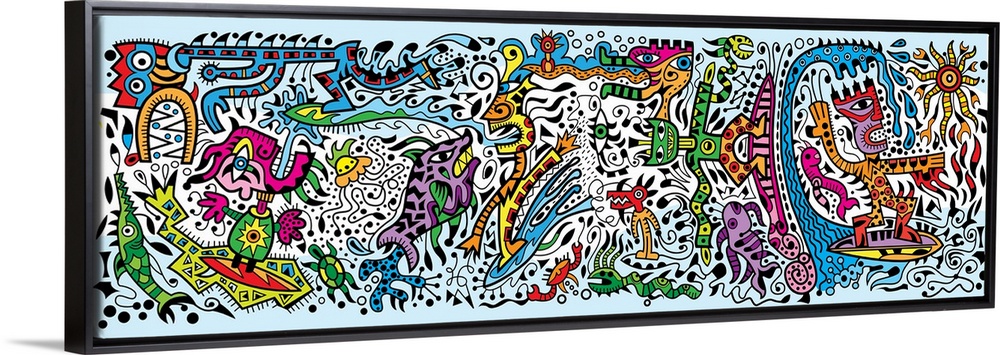 Contemporary mural artwork of monsters and other abstract figures in a confusion of colors and patterns.