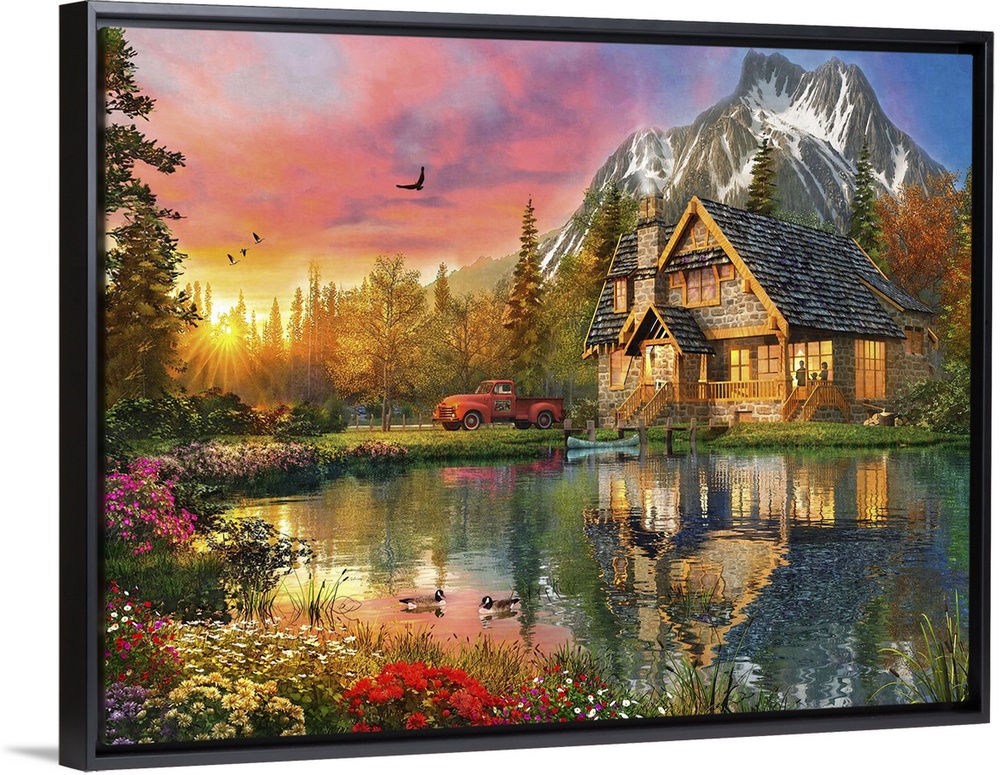 Illustration of a mountain cabin surrounded by snow capped mountains.