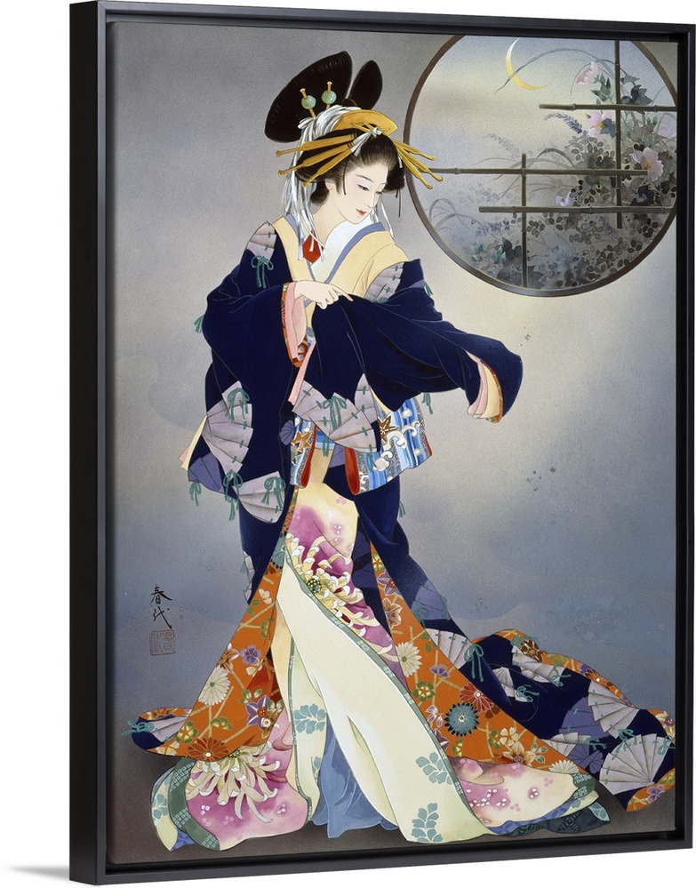 Contemporary colorful Asian art of a Geisha in beautiful ornate clothing.