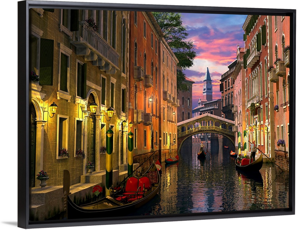 A photograph of a quiet, historic canal filled with gondolas maneuvering in the twilight on this oversized wall art picture.