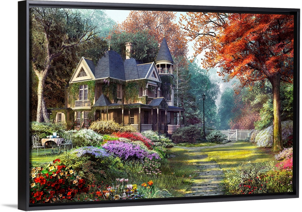 Painting on canvas of a big house with a beautiful garden surrounding it.