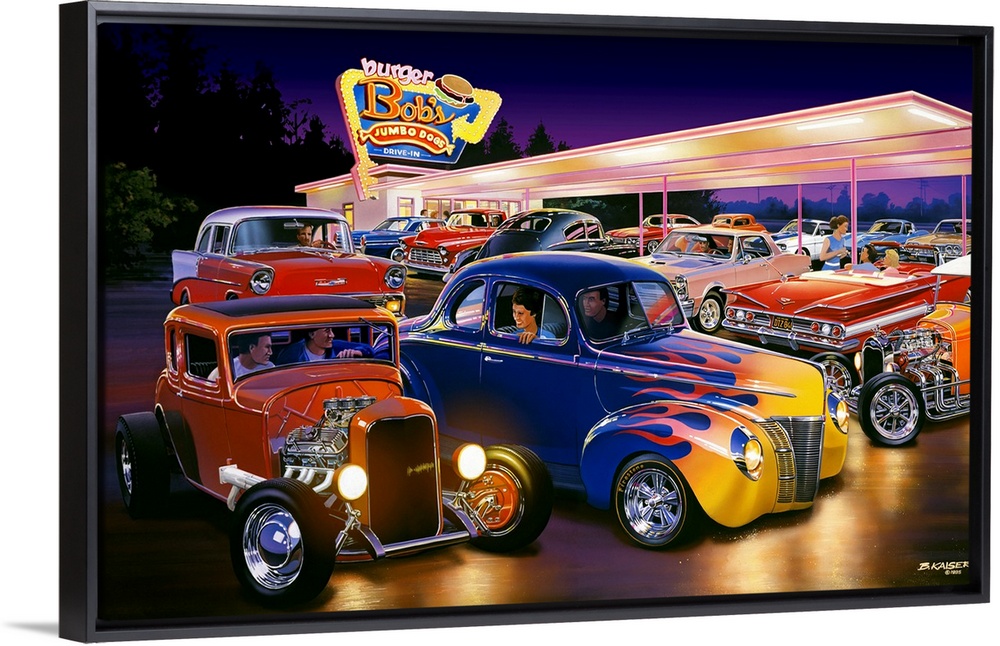 A painting of classic American muscle cars like 1932 Ford Coupe, 1940 Ford Coupe, 1956 Chevy, 1965 Pontiac GTO, and 1960 C...
