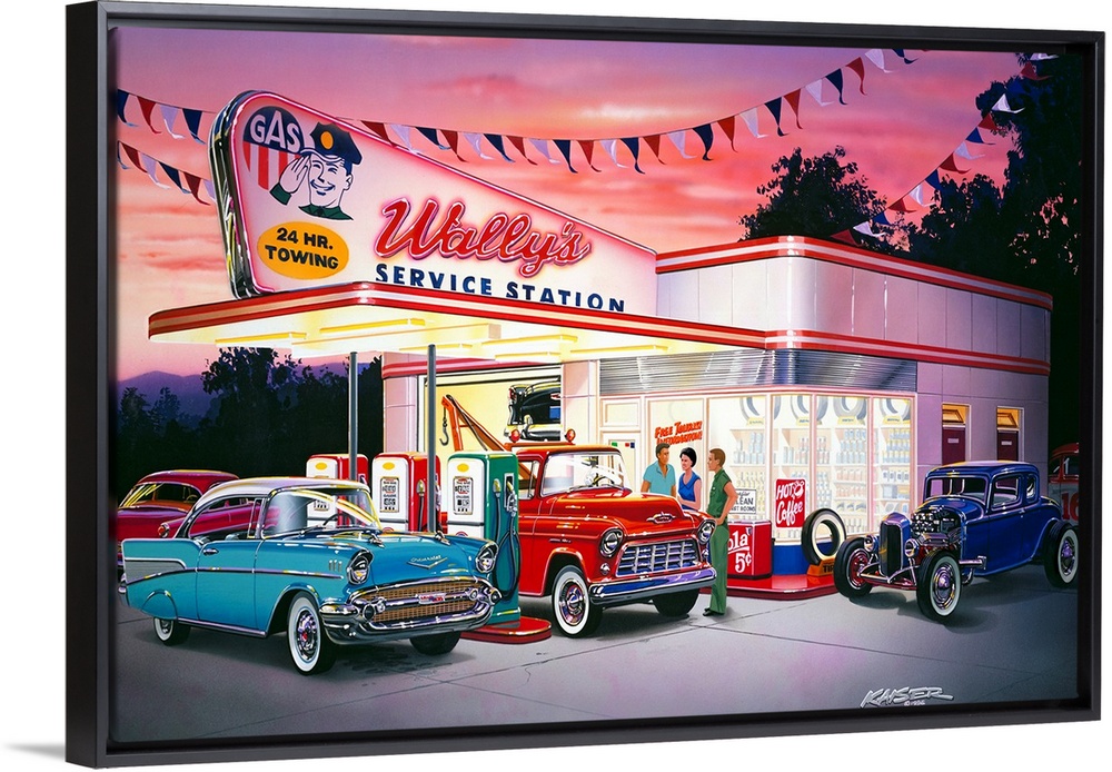 Old style gas station in late 50s. 1957 Chevolet Hardtop, 1956 Chevy truck, 1932 Ford Coupe Hot Rod