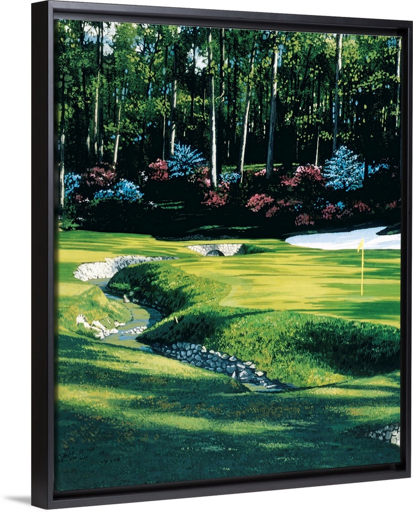 Lifelike painting of stream crossing through a golf course, past the flag towards the forested edge and a tiny stone bridge.