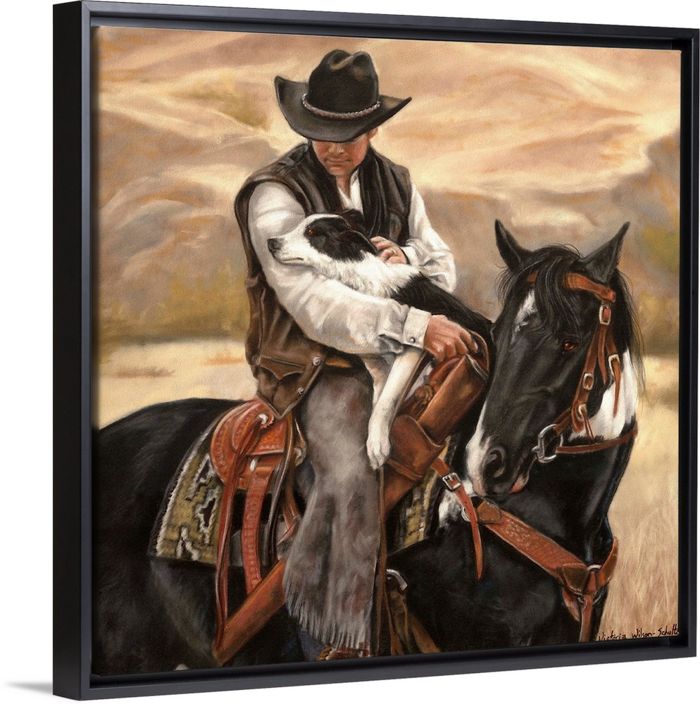 Contemporary artwork of a cowboy on horseback holding a border collie dog in his arms.