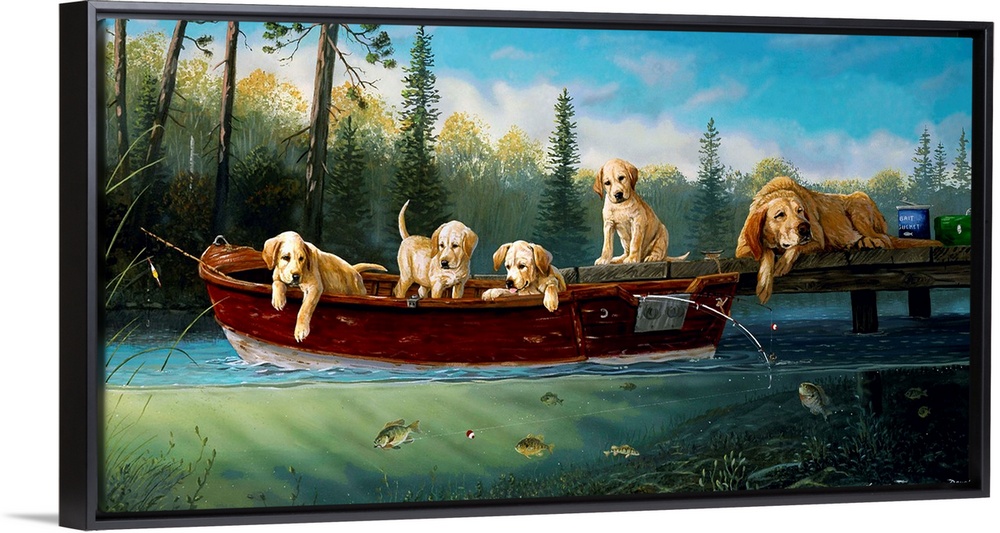 Horizontal artwork on a big wall hanging of a mother dog lying at the edge of a dock, one of her puppies sits next to her,...