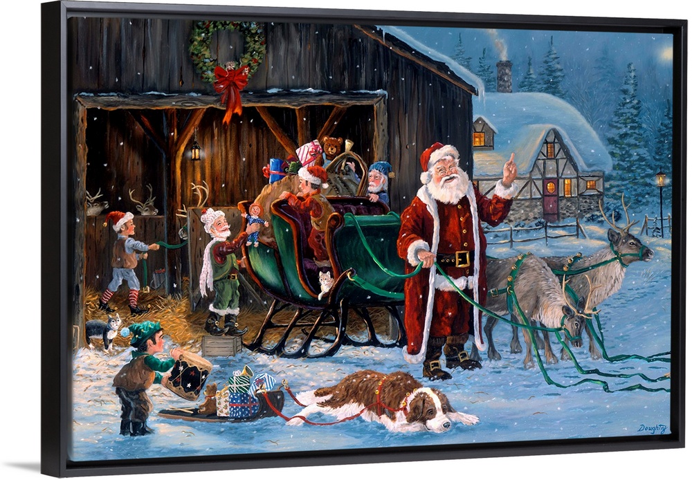 Large, horizontal wall picture of Santa Claus standing in front of his sleigh while elves load it with gifts and remove th...