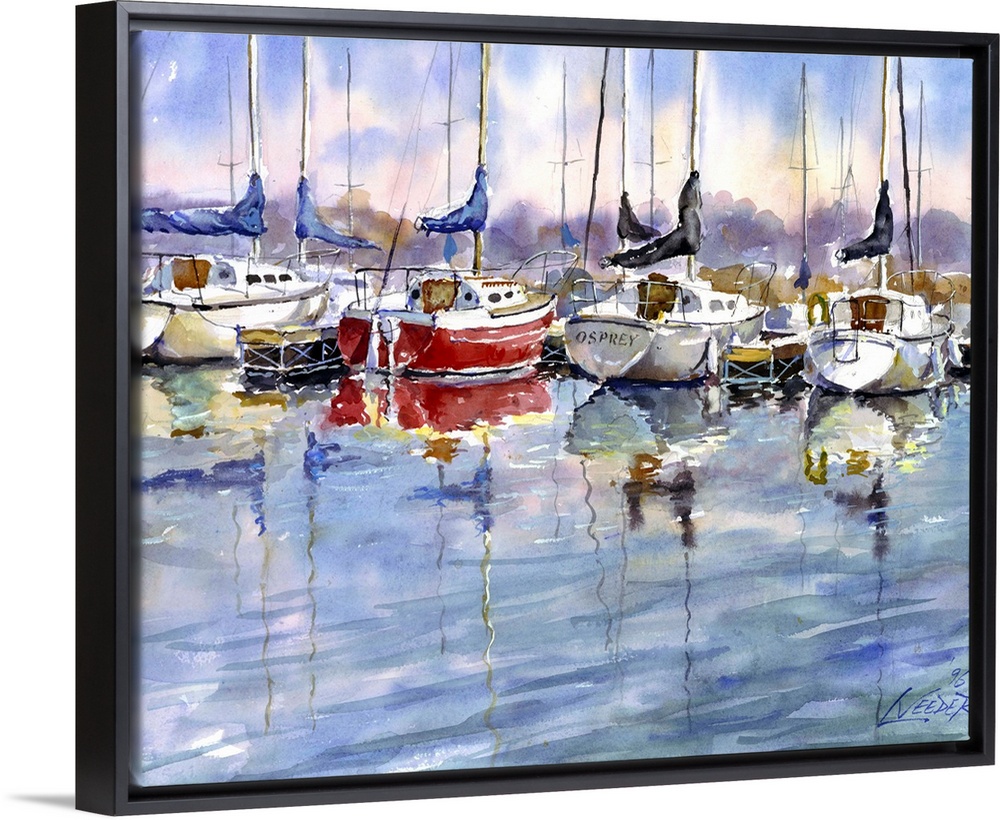 Contemporary piece using water colors to paint sail boats that sit docked at the marina.