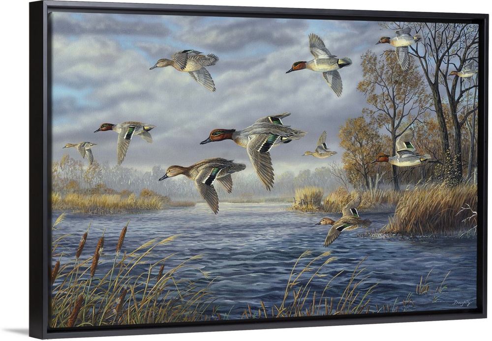 Contemporary artwork of a flock of green-winged teals in flight over a river.