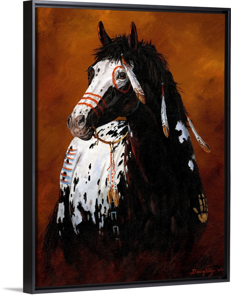 Large painting of a horse decorated with Native American war paint, feathers and handprints.