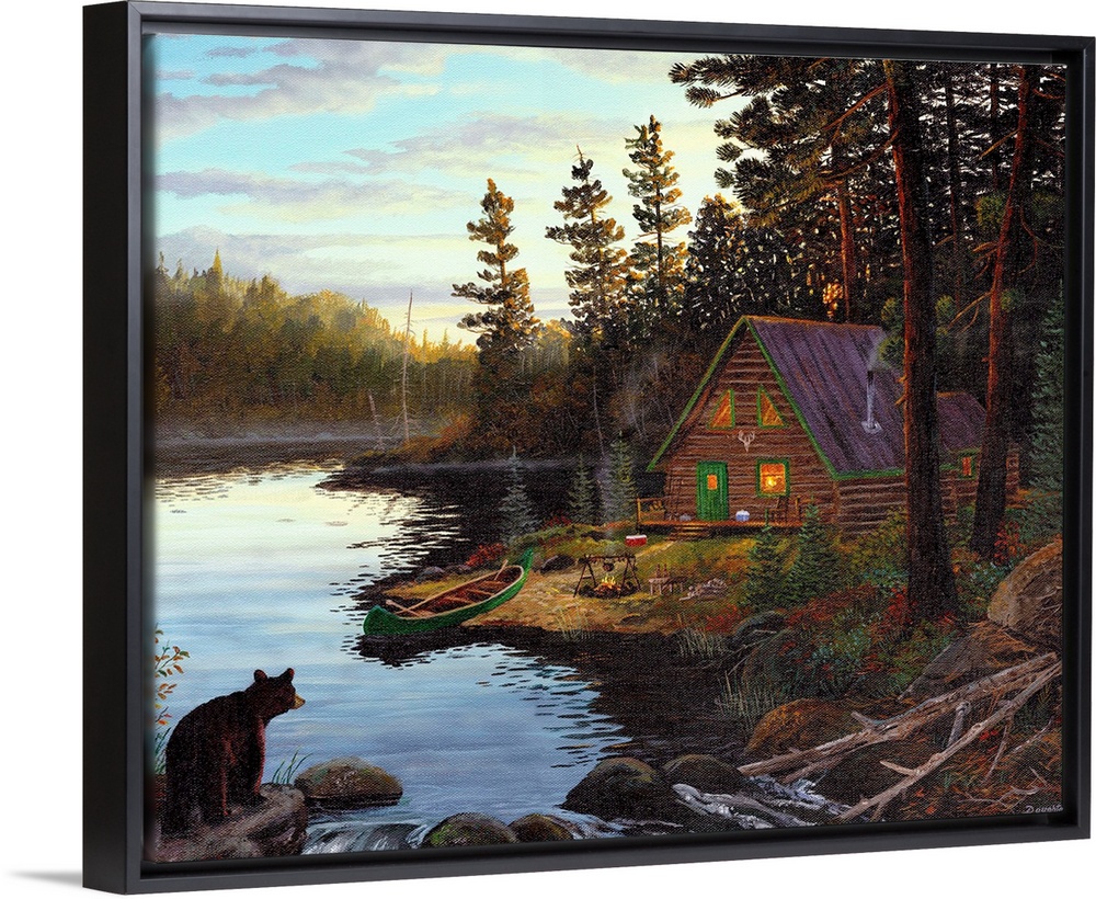 Photograph of cabin in the woods by lake with canoe under a cloudy sky.  There is a bear on the opposite shore looking at ...