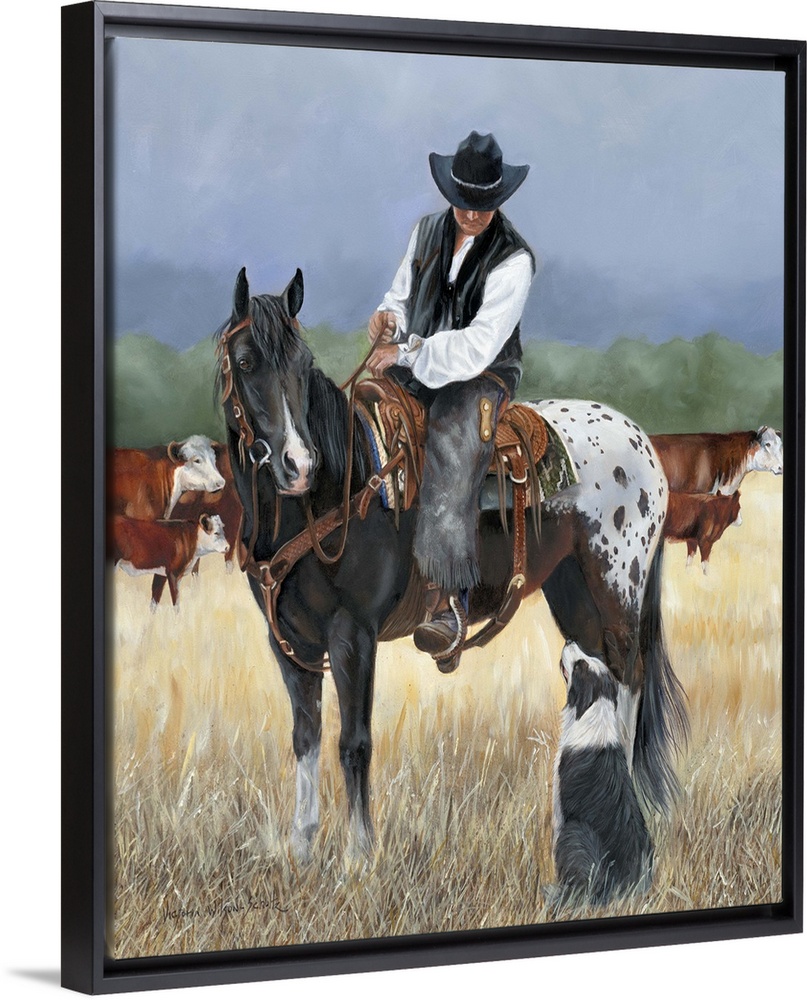 Contemporary painting of a cowboy on horseback looking at a border collie dog.
