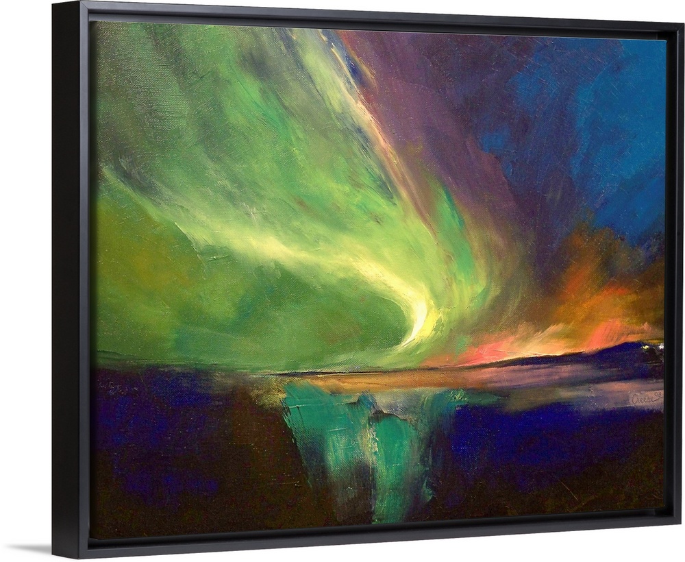 A landscape wall hanging of the Northern Lights sweeping across the night sky and reflecting in the water below.