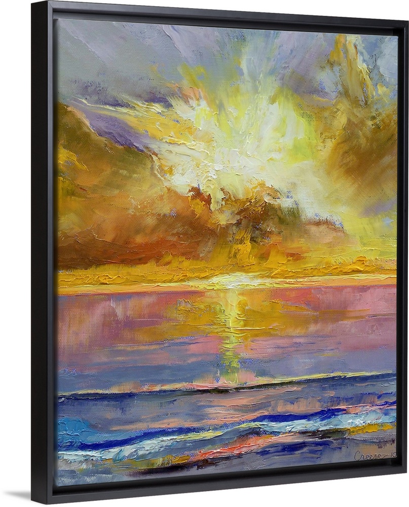 Abstract oil painting of the setting sun over the ocean.  The partly cloud covered sun is reflected in the water below.