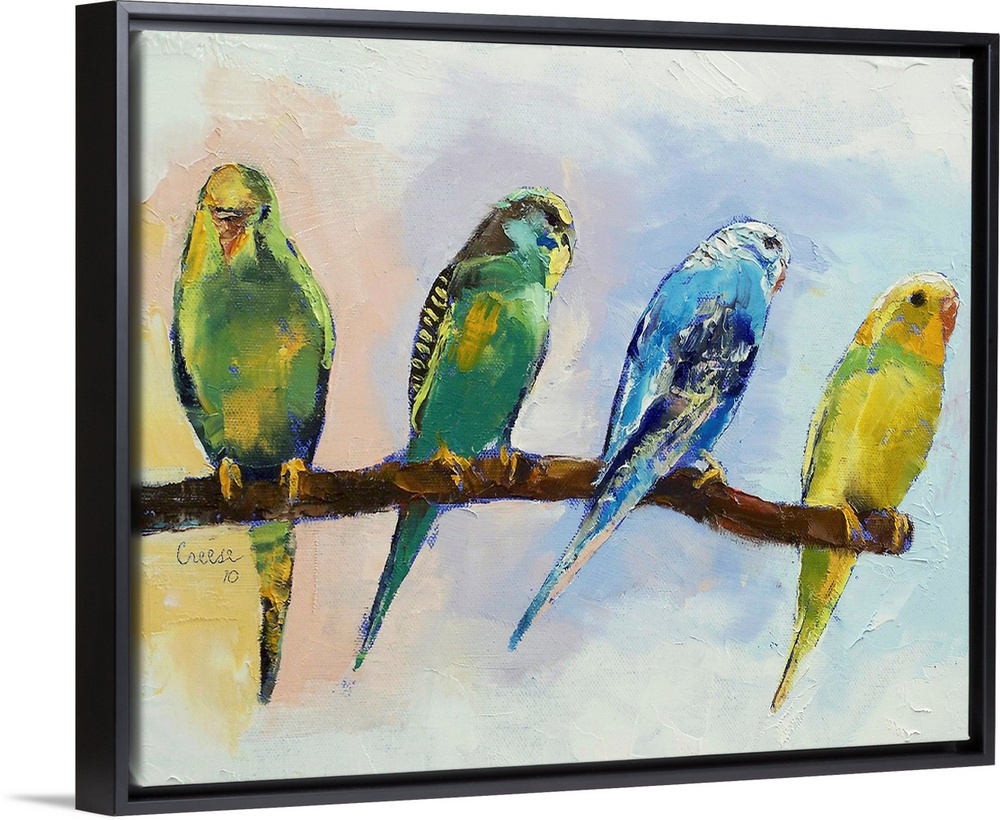 A decorative painting perfect for the home of four colorful parakeets sitting out on a branch.