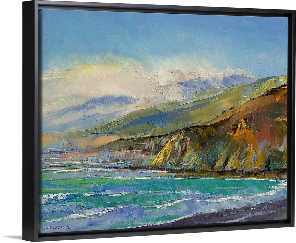 Contemporary oil paint landscape of sea cliffs and waves washing against the shore.