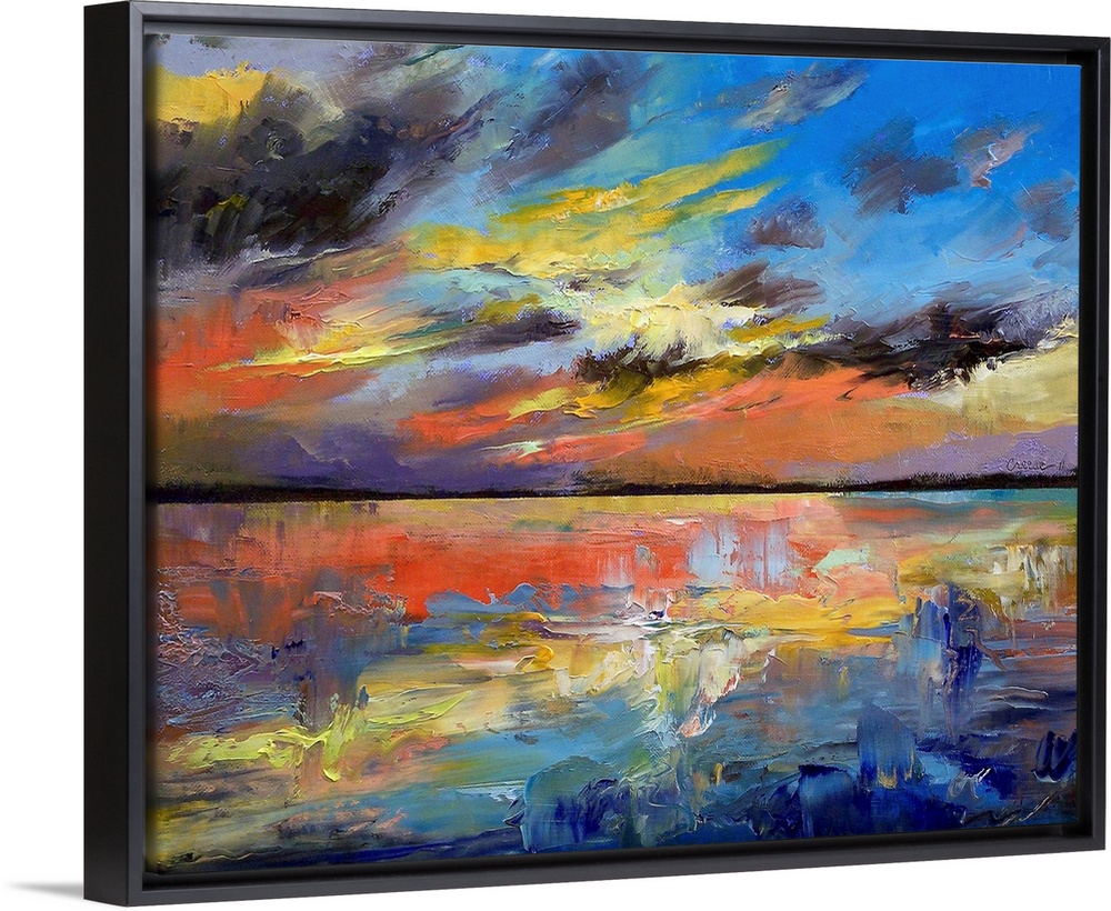 A large wall painting that illustrates a colorful sunset in Key West, Florida.  The texture of this art helps give added d...