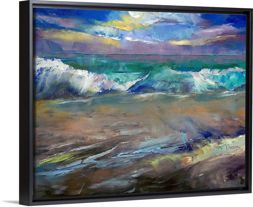 Gicloe print on canvas of a dramatic seascape under the moon of waves on a beach painted using a palette knife.
