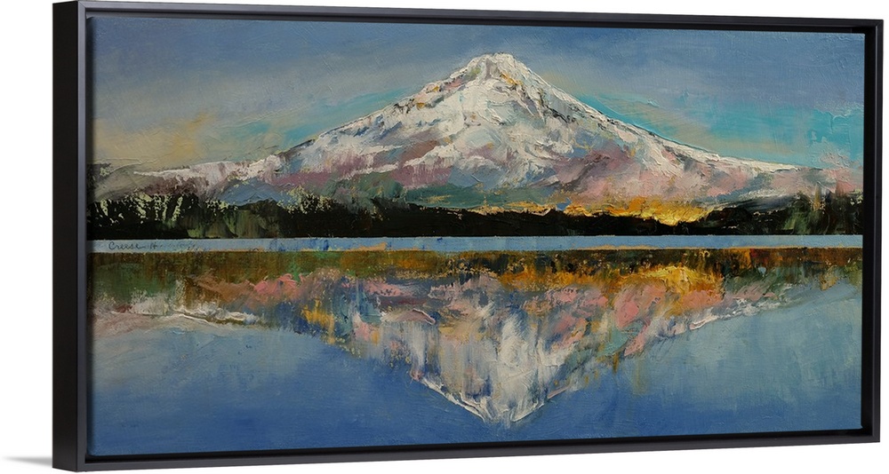 A contemporary painting of Mount Hood reflecting in the lake below it.