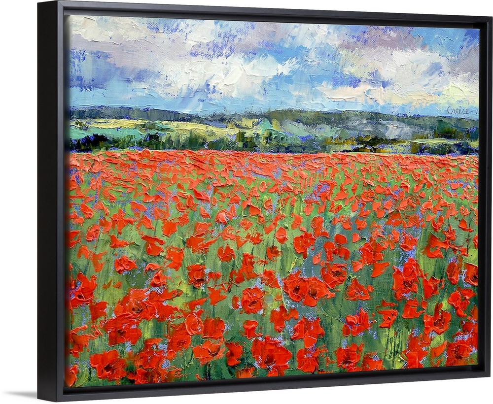 A contemporary plein air landscape painting of a meadow of poppies on a sunny day.
