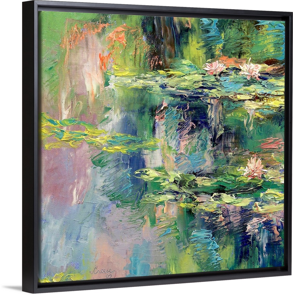 Large, square, fine art painting  with heavy brush strokes, of water lilies spread out across calm waters.