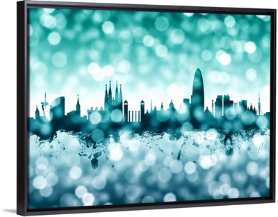 Barcelona Spain Skyline, Teal Bokeh