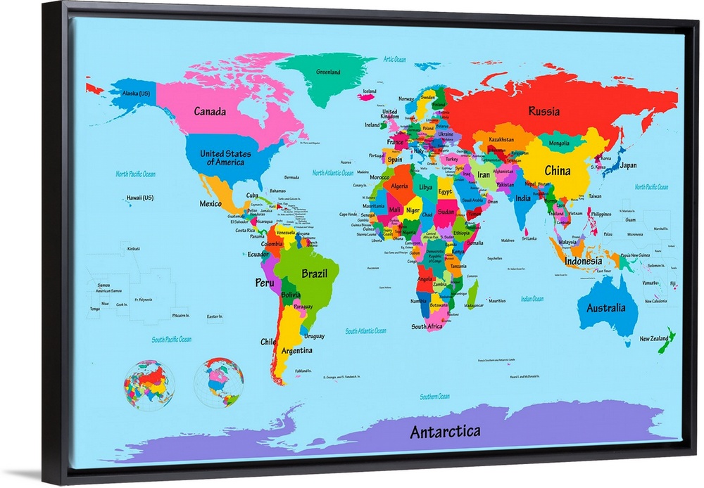 Big illustration focuses on a map of the world.  To separate the clearly labeled countries, the artist assigns a different...