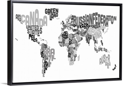 Country Names World Map, Black and White
