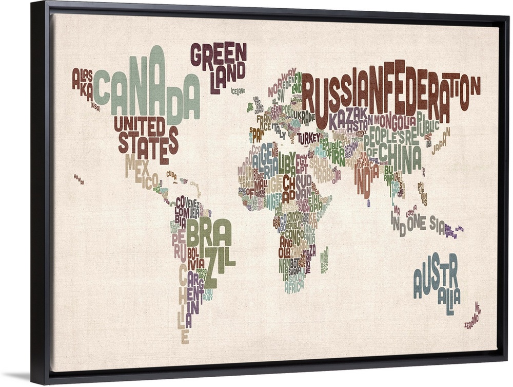 Typographic map where the countries and continents are created with their names in a neutral color palette makes this wall...