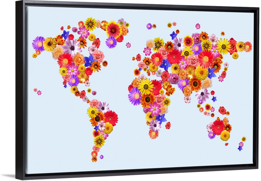 Map of the World made from flowers on a pale blue background. Some of the flowers used include roses, gerberas, daisies an...