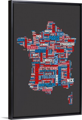 French Cities Text Map, French Colors on Grey
