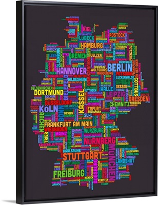 German Cities Text Map, Multicolor on Grey