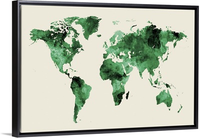 Map of the World, Watercolor, Green on Beige