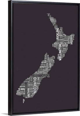 New Zealand Cities Text Map, Grey