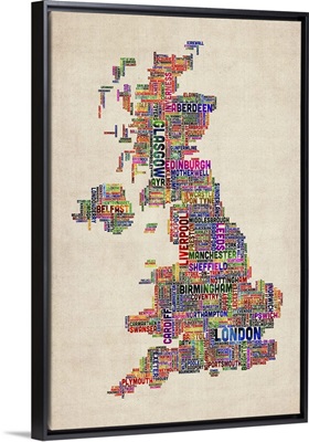 United Kingdom Cities Text Map, Multicolor on Parchment