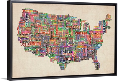 United States Cities Text Map, Multicolor on Parchment