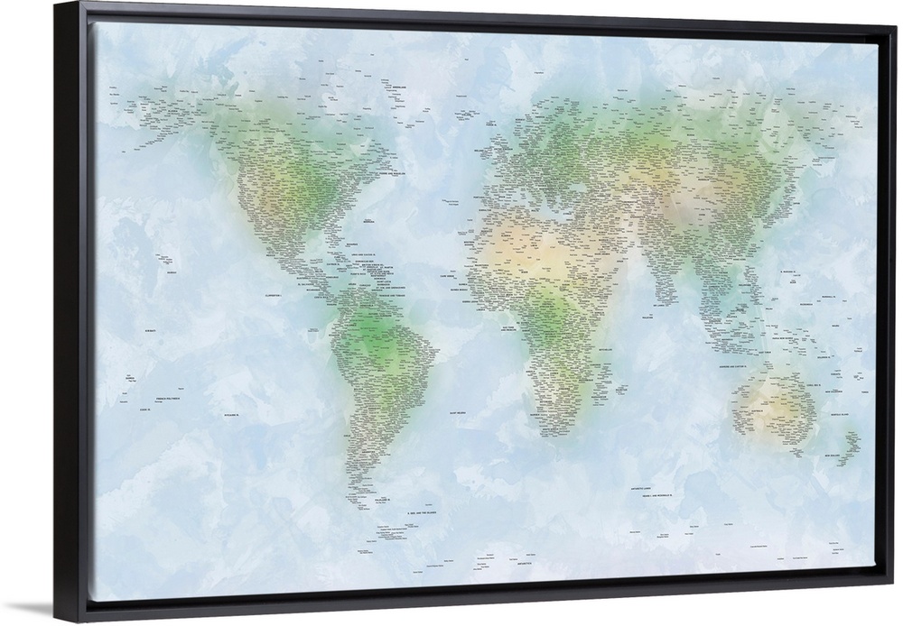 World map painted in watercolors with no lines for country or land boundaries drawn just names of cities and countries.
