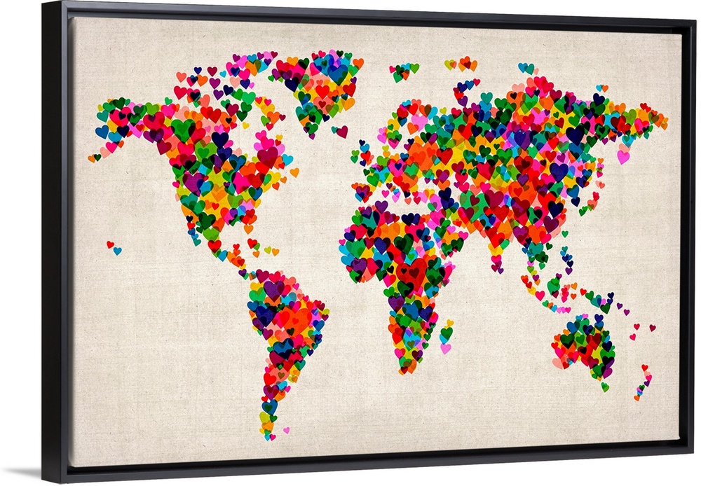 Contemporary artwork of map with its continent shapes created by tiny colorful hearts.