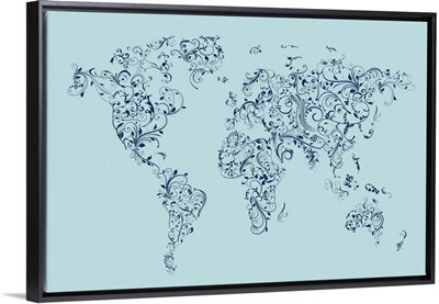 World map made up of Floral Swirls - blue background