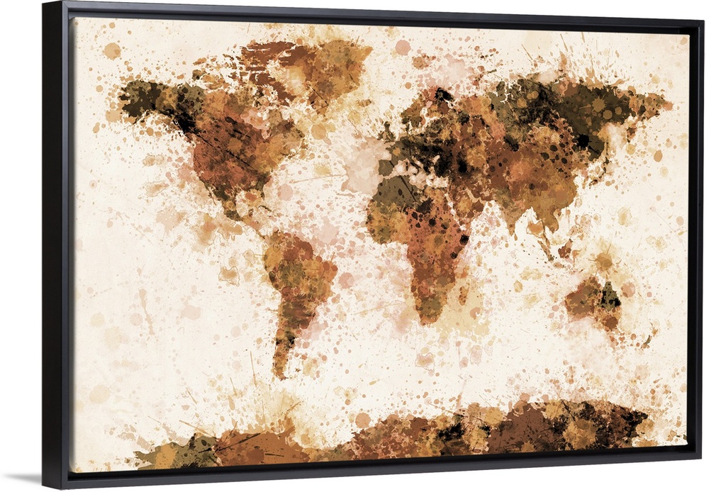 Map of the world with its continents made of varying shades of ink splatters.