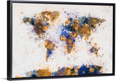 World Map Paint Splashes, Yellow and Blue