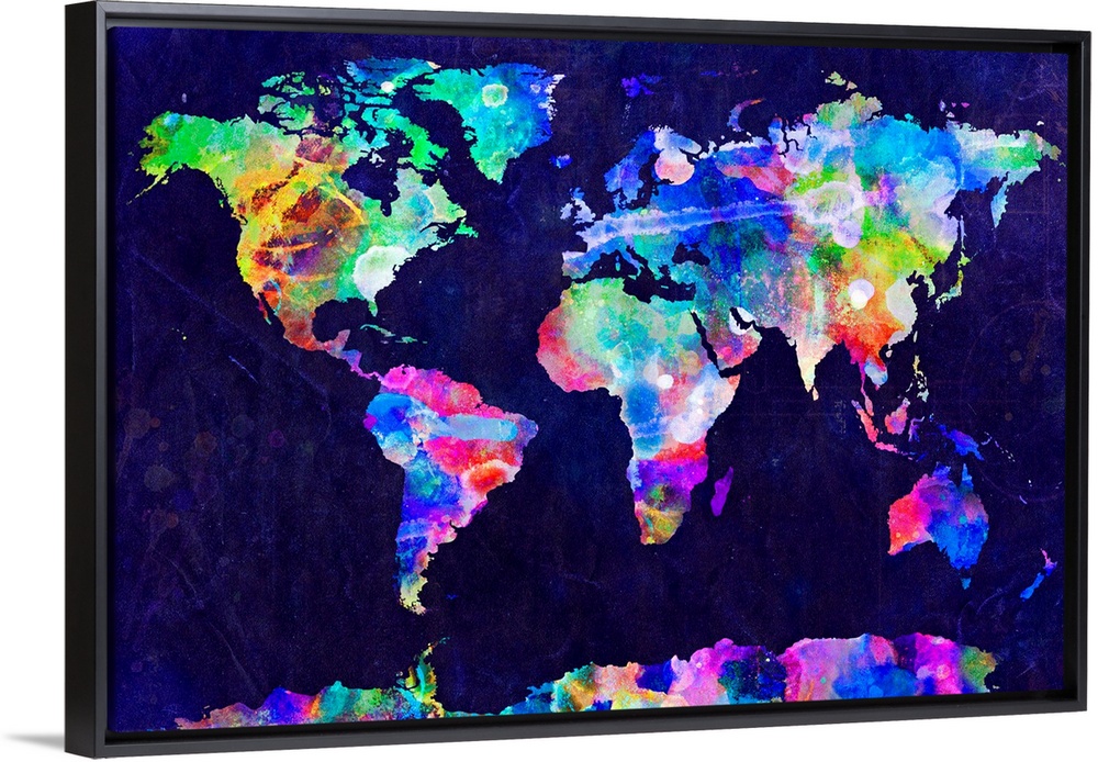 A grungy map of the world where the continents are painted in tie dyed colors.
