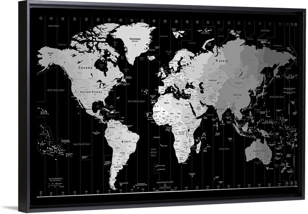 A monochromatic political map of six continents where each time zone is depicted in a different shade.