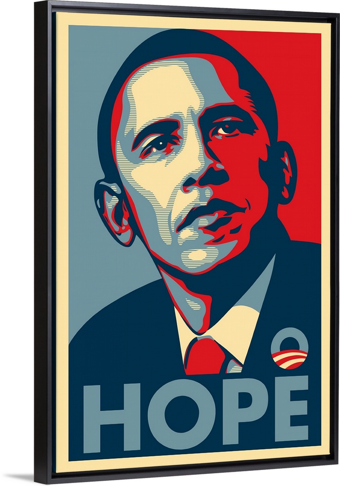 Iconic and optimistic block print portrait of senator Barack Obama made for the 2016 presidential election campaign, featu...