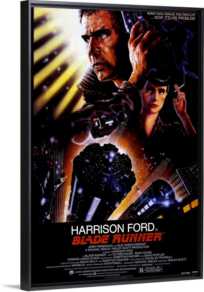 Big, vertical movie advertisement for Blade Runner, with a profile headshot of Harrison Ford at the top, a woman smoking a...
