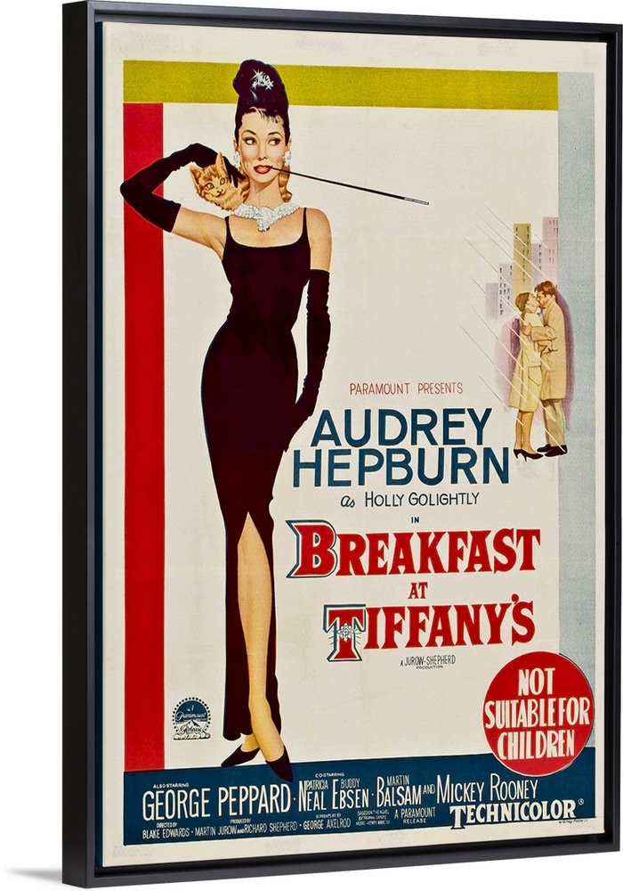 Vertical, large vintage advertisement for the movie "Breakfast At Tiffany's", with actress Audrey Hepburn featured in a bl...