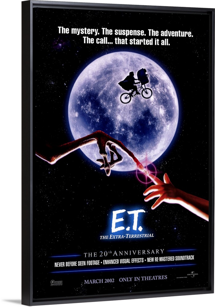 A large vertical print of the 20th anniversary poster of E.T. It depicts the famous scene of the boy and ET touching finge...