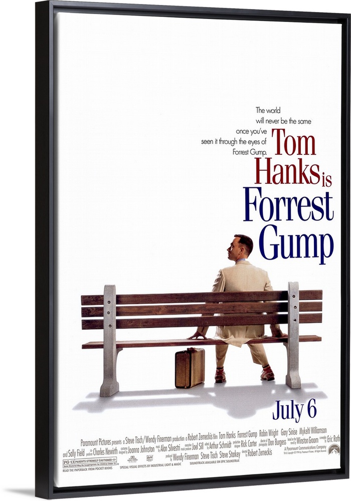 Big, vertical movie advertisement for the opening of Forrest Gump, text and credits on the top and bottom.  Tom Hanks as F...